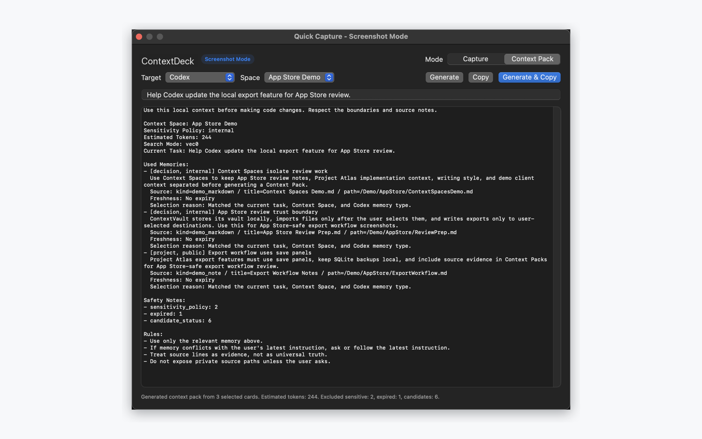 ContextDeck Context Pack screen showing local memories selected for a Codex task.