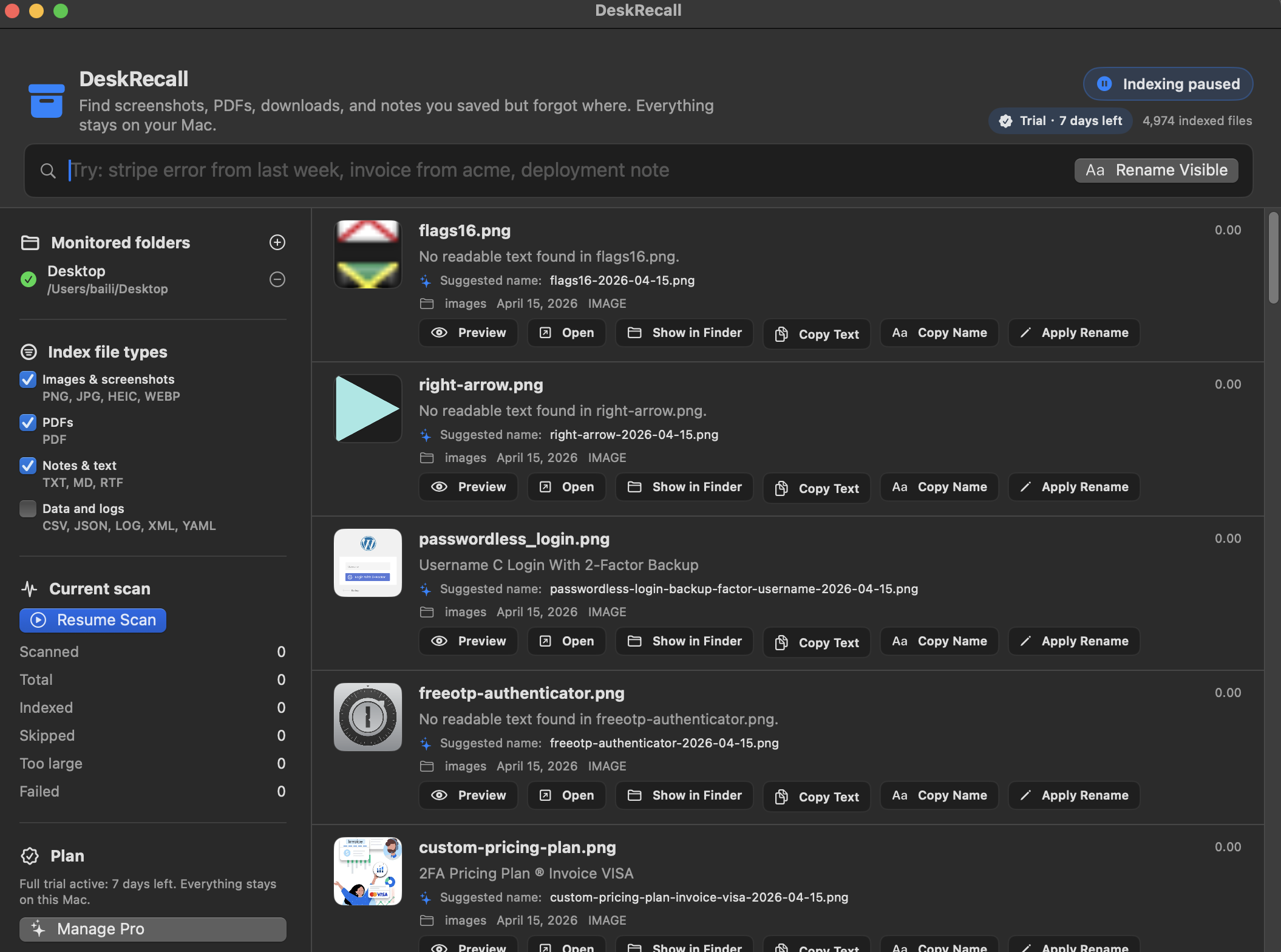 DeskRecall Mac app showing local file search results, OCR snippets, thumbnails, and quick actions.