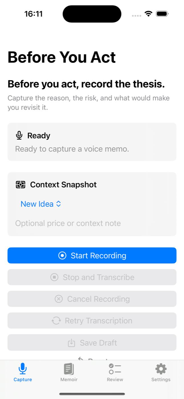 Actual Inmemoir iOS Capture screen with voice memo controls and context snapshot fields